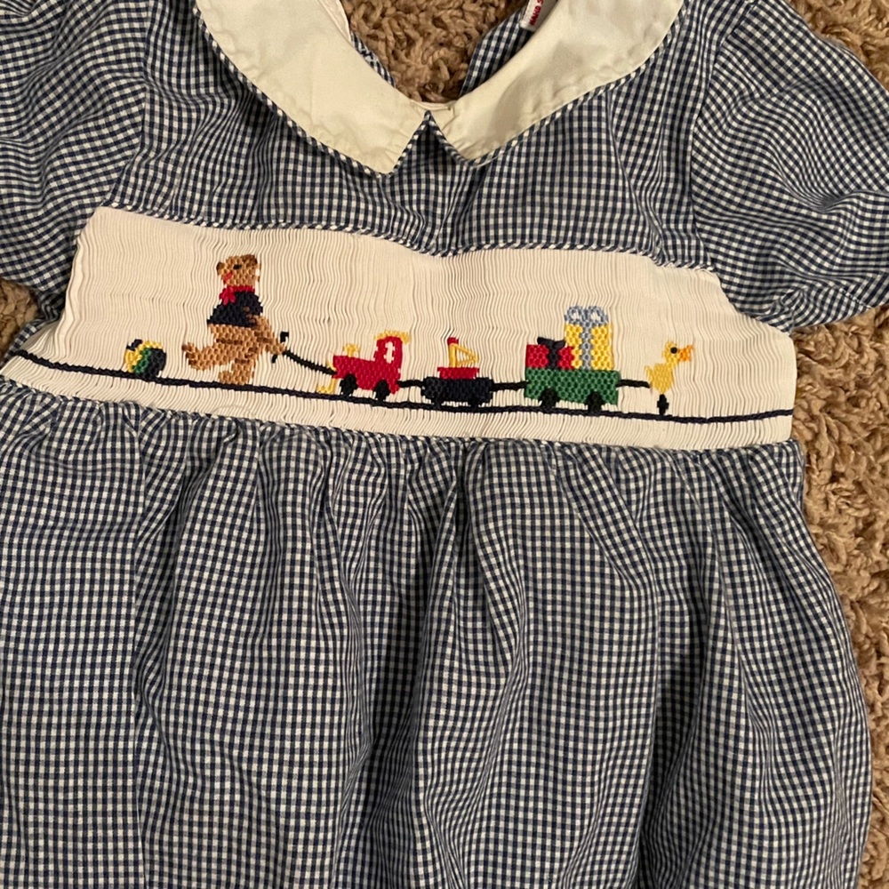 Silly Goose Hand Smocked Charming Blue Checkered Kids Bodysuit with Train Design - Picture 2 of 5